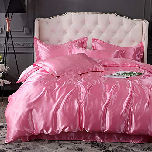 GEEKCOOK Bettwäsche-Sets,Reine Farbe Eisseide Sommer gewaschen seidig Sommer dünn-Rosa_Vierteiliger Bettbezug (Bettbezug 220x240cm)