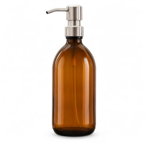 Amber Glass Bottles 500ml Soap Dispenser with Metal Pump (BPA-Free) Brown Glass Empty Soap Dispensers – Reusable Refillable Eco friendly, Sustainable Living/Gift (Brushed Steel, 1)