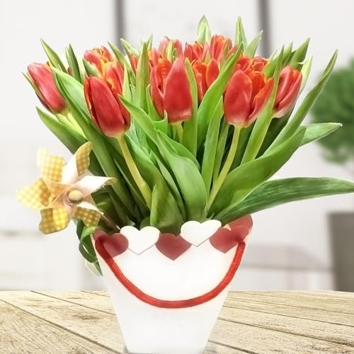 Blumenstrauß mit frischen Tulpen - 20 rote Tulpen in Herztasche inklusive Windrad - Inklusive Grußkarte