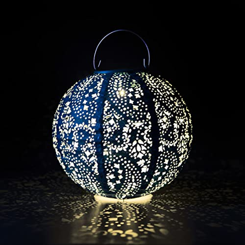 Talking Tables 2 x Navy Solar Lanterns for The Garden Décor, Patio | Boho Moroccan Outdoor Hanging Lights Battery Powered | Cast Shadow Patterns - Birthday for Her Made from Tyvek
