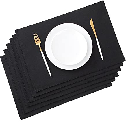 AOKSUNOVA Tischsets Stoff Platzdeckchen Leinen Platzset Schwarz | Abwaschbare Tischsets aus Leinenstoff,Platzdeckchen für Esstisch,Küche und Alltag,Stilvolle Tischunterlage im Set Zuhause
