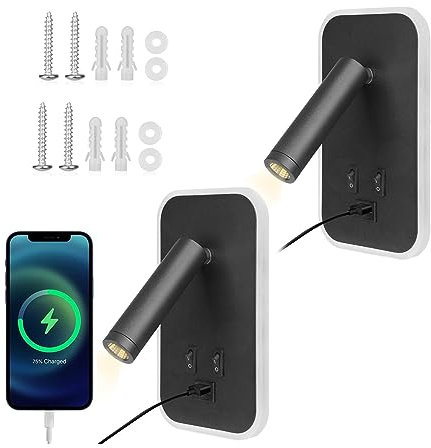 Towwoo Luz de Lectura Junto a la Cama 2PCS, Luz de Pared LED con Interruptor y Puerto de Carga USB, Foco Giratorio Montado en la Pared de 3W + 9W 3000K, Luces de Cama Lámp para del Pasillo