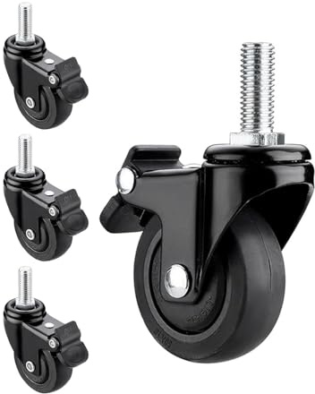 XXOBAZLF Schwarze Lenkrollen, Lenkrollen mit Gewindeschaft, Satz mit 4 Möbel-Gummirollen, Lenkrollen mit Totalverriegelung (Stammdurchmesser 6/8/10 mm), M10-9 Bremsen