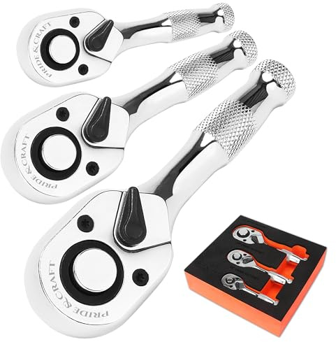 PRIDE&CRAFT 3pc Stubby Ratchet Wrench Set, 72-Tooth, Socket Wrench | 1/4, 3/8, 1/2 Drive, Mini Small Ratchet, Quick Release Reversible Design, Chrome Alloy Made, EVA Organizer