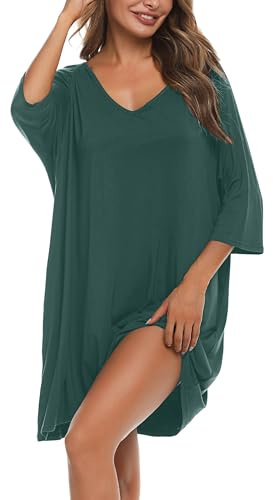 Bresdk Camicia da Notte Donna Cotone Modal Morbida Camicie da Notte Manica 3/4 Scollo a V Eleganti Taglie Forti Vestiti Premaman con Tasche, Verde Scuro, 3XL