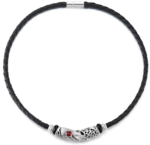 COOLSTEELANDBEYOND Schwarz Geflochtene Leder Halskette, Feder Filigran Charme Rot Edelstein, Herren Damen, Halsband