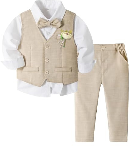 Volunboy Trajes para Bebé Niños de Boda Ceremonia Fiesta, Conjunto de Chaleco, Camisa, Pajarita, Pantalón 4 Piezas (2-3 años, Caqui Claro, Tamaño 100)