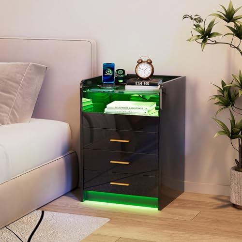 Ztexkee Comodino con presa e striscia luminosa a LED, Comodini con vano contenitore estraibile Tavolino laterale grande comodino con 3 cassetti e 2 vani contenitore per camera da letto, nero