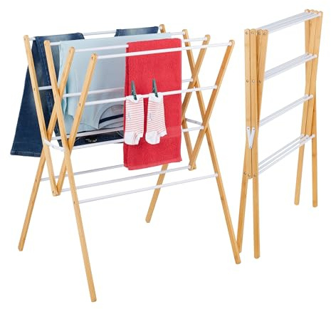 Relaxdays Stendibiancheria Pieghevole, Stendino Verticale a Torre, 12 Aste, HLP: 93 x 70 x 62 cm, Bambù e Ferro, Bianco