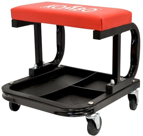 BuyStar Sgabello da Officina in Acciaio - Seduta Impermeabile, Materiale PU, Ripiano Porta Attrezzi, Ruote Integrate, da Meccanico, 3 Scomparti, Garage - 35 x 38 x 35 cm