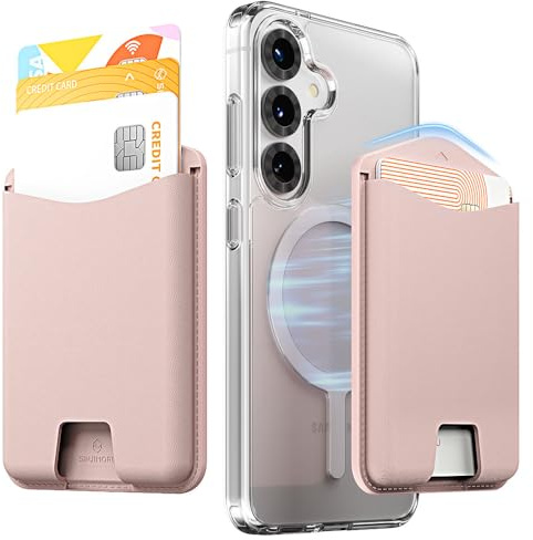 Sinjimoru Magnetische Geldbörse für Mobiltelefon, Premium Veganes Leder Handy 3 Kartenhalter, Kompatibel mit Allen Galaxy Smartphones, abgeschrägtes Design gegen Kamera, M-Viica Edge Rosa Sand