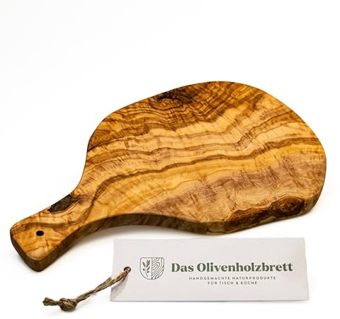 DAS OLIVENHOLZBRETT® Schneidebrett aus Olivenholz mit Griff im Naturschnitt/Servierbrett aus Holz in Naturform mit Griff/Griffbrett Olivenholz 25cm