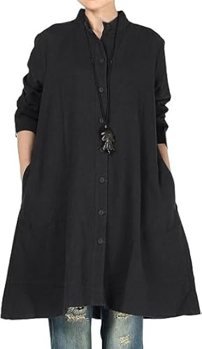Minibee Women's Oversized Button Down Shirts Long Sleeve Cotton Linen Light Blouse Jacket with Pockets Black XL