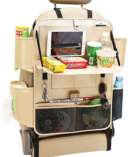 KUANDARMX dauerhaft Rücksitzorganizer Kinder Rückenlehnenschutz Auto Rücksitztasche Rückenlehnentasche mit klappbarem Esstisch Taschen Schwarz 1 Stück Geschenk, Beige