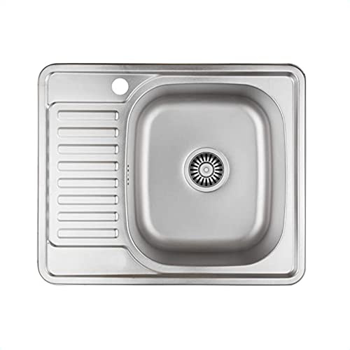 VBChome Einbauspüle mit Hahnloch 58x48 Satinstruktur Links Edelstahl Küchenspüle Spüle Ablagefläche Abtropffläche Ablaufgarnitur Siphon