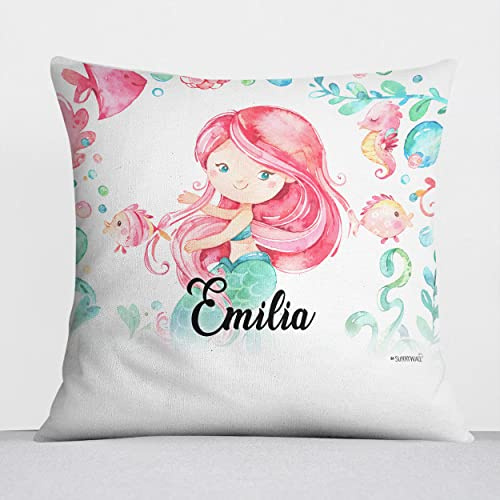 Dekokissen personalisiert Meerjungfrau mit Füllung Name Couch Geschenk | 40 x 40 cm komplettes Namenskissen mit Bezug Füllkissen Wunschname Motivdruck für Kinderzimmer Sofa Bett Geschenk
