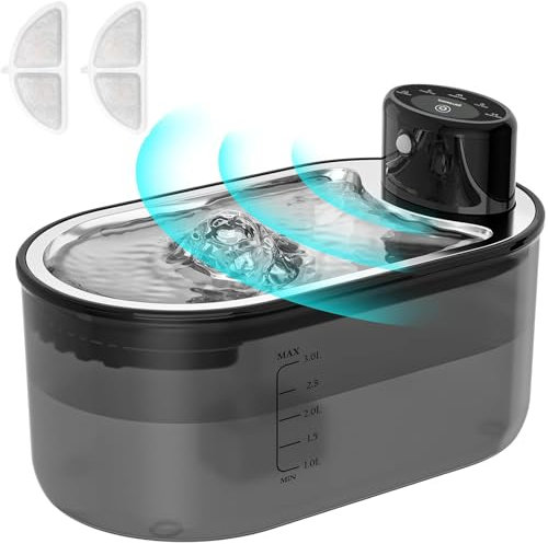 TOMXCUTE 3,0 l Katzenbrunnen mit Bewegungsmelder, 5000mAh Akku Batteriebetrieben Katzentrinkbrunnen Ohne Strom Kabelloser Trinkbrunnen Für Katze, Wasserschale aus Edelstahl mit Filter, Schwarz