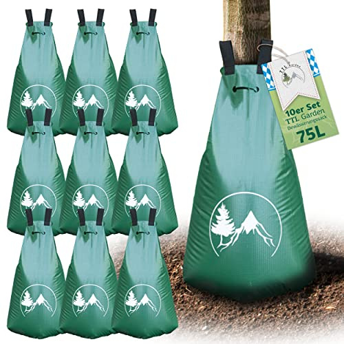 TTL GARDEN 10x 75L Baum Bewässerungssack - 400g/m² PVC robust & UV-stabil | - 10er Set 75 Liter Wassersack Baumbeutel 75 Liter Tröpfchenbewässerung für Bäume - Giesssack Wasserbeutel Bewässerungssystem