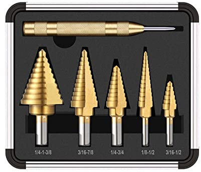 Bohrer-Set, Stahl-Stufenbohrer, Kegel, Mehrere Löcher, 50 Größen, HSS-Bohrer-Set, Körner for Genaue Ortung (Color : Gold, Size : 6Pcs)