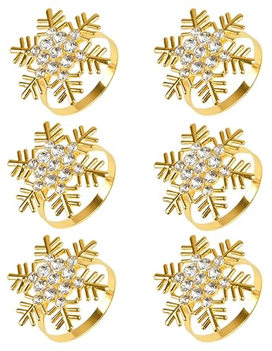 Snowflake Napkin Rings, 6 Pcs Christmas Napkin Rings, Sparkling Gold Xmas Napkin Buckle With Rhinestone for Christmas Wedding Holiday Party Dinner, Napkin Serviette Buckle Table Decoration