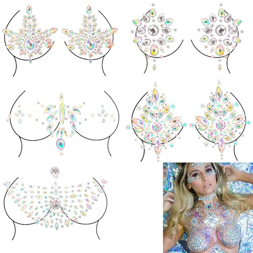 5 Pcs Strass du Sein Autocollants, Bijoux Poitrine Autocollant, Strass Gemmes Corps Autocollants, Sein Corps Gemmes Autocollant, Bijoux de Sein Strass Poitrine Autocollant, pour Rave Party Outfit