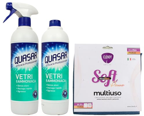 SET PULIZIA: Quasar VETRI con AMMONIACA, Detergente Senza Aloni, Sgrassa, Asciuga Rapido, 580ml + Panno In Microfibra Multiuso SOFT, 33x33 (Colori Assortiti) (1 Spray + 1 Ric + 1 Panno)