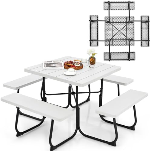 KOMFOTTEU Set Tenda da Birra, Tavolo con 4 Panche da Birra per 8 Persone, Set di Mobili da Giardino con Foro per Ombrellone, Set Tendone da Campeggio in HDPE, Telaio in Metallo (Bianco)