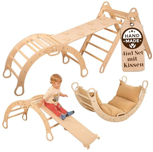 WoodsCraft 4in1 Set: Große Kletterbogen mit Kissen & Kletterdreieck mit 2in1: Rutsche Indoor/Klettern Rampe | Holz Montessori Klettergerüst Indoor Spielgeräte | Klettern Kinder Indoor & Klettern Baby