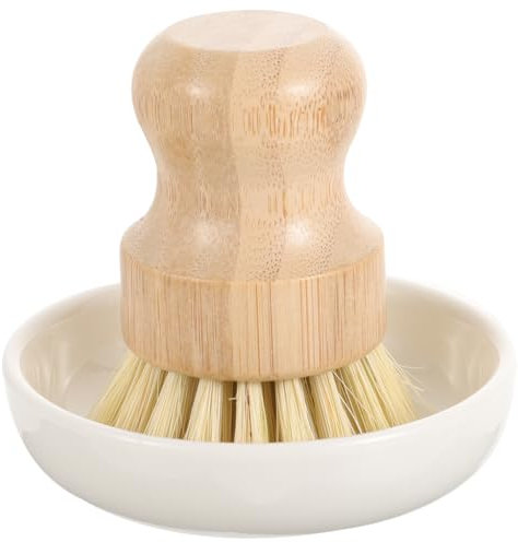 Cabilock Kitchen Cleaning Brush Set Pot and Dish Scrubbers, Bamboo and Sisal Bristles, Wood Handle Scrubbing Brushes Ceramic Drain Dish Base for Household Wok and Stove Cleaning