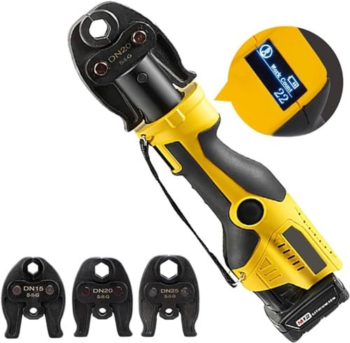 Pince à sertir électrique pour tuyaux hydrauliques - Alimentation par piles, acier inoxydable, écran LCD, éclairage LED, 3 mâchoires pour installation de plomberie