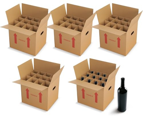 Tatuo 5 Pack Wine Bottle Moving Box Corrugated 12 Bottle Wine Shipping Box 14 x 12 x 13 Inch Kitchen Moving Storage Carrier with Reinforced Cardboard and Handles for Glassware Dishes Travel