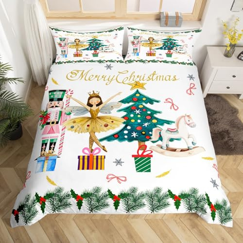 Homewish Christmas Nutcracker Bedding Sets Watercolor Nutcracker Princess Duvet Cover,Merry Christmas Bed Set Pink Bow Xmas Tree Decorations Bed Cover Super King,No Comforter