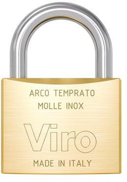 Viro | Lucchetto Rettangolare Antiscasso in Ottone Massiccio Satinato, Base 20mm, Corpo Resistente e Arco in Acciaio Cementato