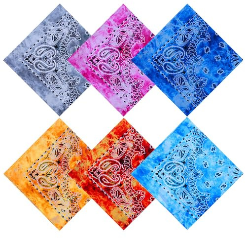 URATOT 6 Pack 22 x 22 Inch Tie Dye Bandana Cotton Paisley Bandanas Headbands Cowboy Handkerchiefs for Men and Women