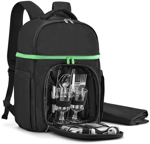 Vogano Picnic Backpack & Accessories – Insulated Picnic Set for 2 Person with Dual Compartments, Lightweight Blanket, Cutlery Set, for Newlyweds and Couples Gifts Black