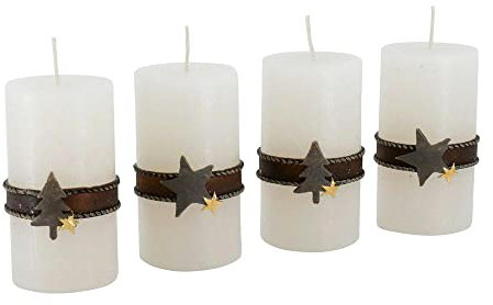 Klocke Kerzen Adventskerzen mit Motiven 4er Set - Rustikale Oberfläche - Kerzen / Stumpenkerzen für Weihnachtskranz / Adventskranz - Weihnachten (Wollweiß, Höhe 11 cm / 6 cm)