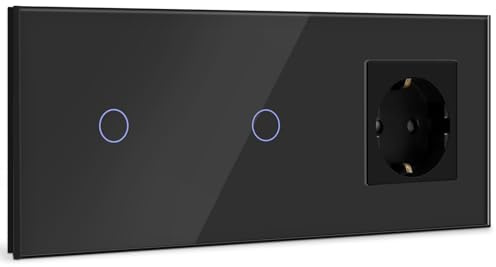 BSEED Touch Lichtschalter mit Steckdosen doppelte 1 Fach 1 Weg Wandschalter mit einer Steckdose Unterputz Touchscreen-schalter mit Glasrahmen 228mm Schwarz