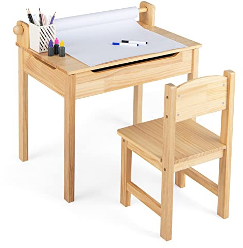 HONEY JOY Kids Activity Table Set with Paper Roll Holder and Pen Slot, 21 x 13.5 x 7, Natural 1
