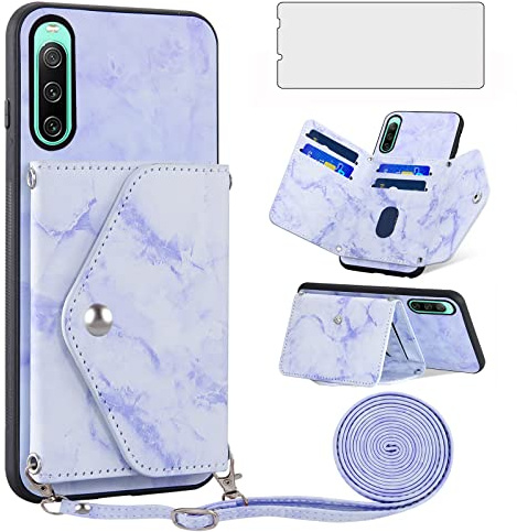 Asuwish Handyhülle für Sony Xperia 10 IV XQ-CC54 Hülle mit Band und Glas Folie Schutzfolie Kartenfach Klappbar Kette Leder Geldbörse Ständer 10IV 4 5G Handy Hüllen Schutzhülle Cover Phone Case Blau