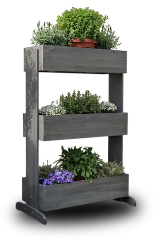 MaLa Hochbeet Balkon Grau 3 Etagen Blumenkasten Gemüsebeet Kräuterbeet inkl. Gartenvlies schmales Vertikales Beet für Balkon Garten Terrasse Indoor aus Holz | Neigbare Funktion trifft Design