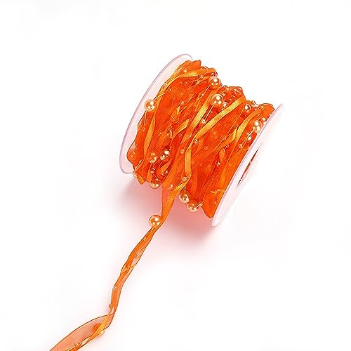 Duories 10m Perlengirlande mit Organza,8+3mm Perlenband,Geschenkband,Trendyband,Schleifenband,Dekoband Hängedeko Tischdeko Dekokette für Hochzeit Weihnachten Taufe Geburtstagsgeschenke,Orange