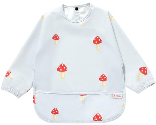 Zemiu Lätzchen Baby mit Ärmeln, 100% Wasserdicht & Weiches PU-Material, Maschinenwaschbar, Langärmeliger Schutzanzug Für Säuglingsfütterung - Geeignet Für Babys Von 6 Bis 30 Monaten -Khaki