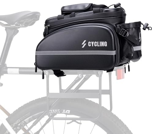 ROCKBROS Bike Rack Bag Bike Trunk Bag, Waterproof Carbon Leather Bicycle Rear Seat Cargo Bag, Expandable Bike Pannier with Water Bottle Holder, 3 in 1 Multifunctional Handbag