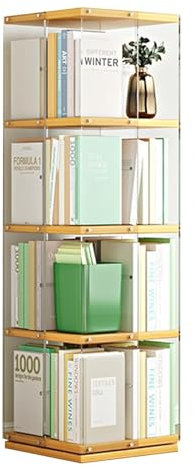 PAUANI Bewegliches Bücherregal Mit 3/4/5 Ebenen – Um 360° Drehbares Aufbewahrungs-Bücherregal, Bodenstehendes, Freistehendes Bücherturm-Bücherregal, MDF- Und Acryl-Bücherregal-Organizer(Size:4 Tier)