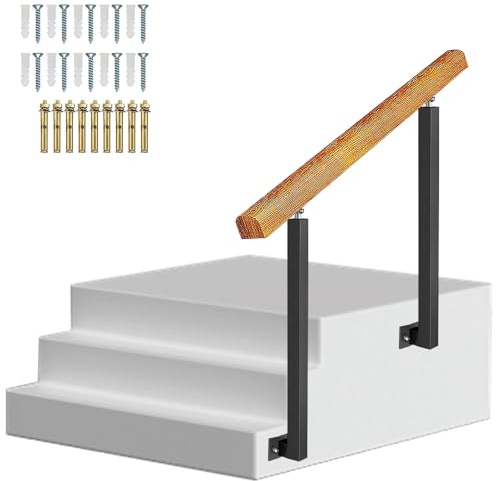 Verstellbares Treppengeländer für Außen- und Innentreppen, passend für 1 bis 3 Stufen, Handlaufpfosten aus Massivholz mit Montagesatz für Garten, Hauseingang, Balkon, seitliche Montage(Height 95cm,80c