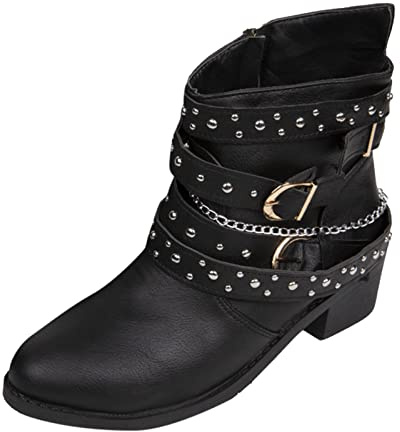 generisch Boots Damen, Stiefeletten mit Absatz Nieten Ketten Blockabsatz Cowboystiefel Elegant Winterstiefel Kurzschaft Ankle Boots Winter Kurz Stiefel Winterstiefel Stiefeletten Damenstiefel