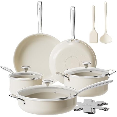 Redchef Ceramic Nonstick Cookware Set,14pcs Pots and Pans Set Non Stick,Induction hob pan Set with Stainless Steel Handle,Non Toxic Kitchen Cooking Set,Dishwasher/Oven Safe,PFAS PFOA & PTFE Free