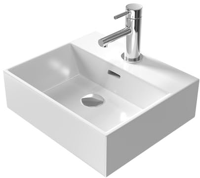 EMKE Lavamanos de Diseño Moderno, Lavabo de Cerámica con Borde Fino, Baño y Aseo de Invitados 415x360x130mm, Blanco, Cuadrado, Lavabo de Encimera