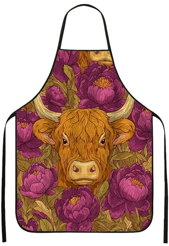 Delantal de cocina con diseño de vaca floral para cocinar, delantal de cocina rústico vintage con patrón de peonía, delantal culinario de jardín de primavera para adultos, 1 unidad