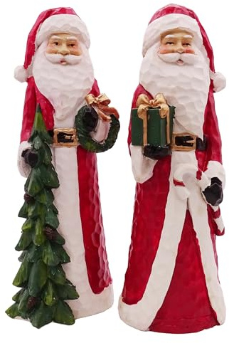 Logbuch-Verlag Figura de Papá Noel de 18 cm en juego de 2 unidades – Decoración navideña para colocar de pie, aspecto de madera tallada de piedra artificial, Papá Noel con regalo y árbol